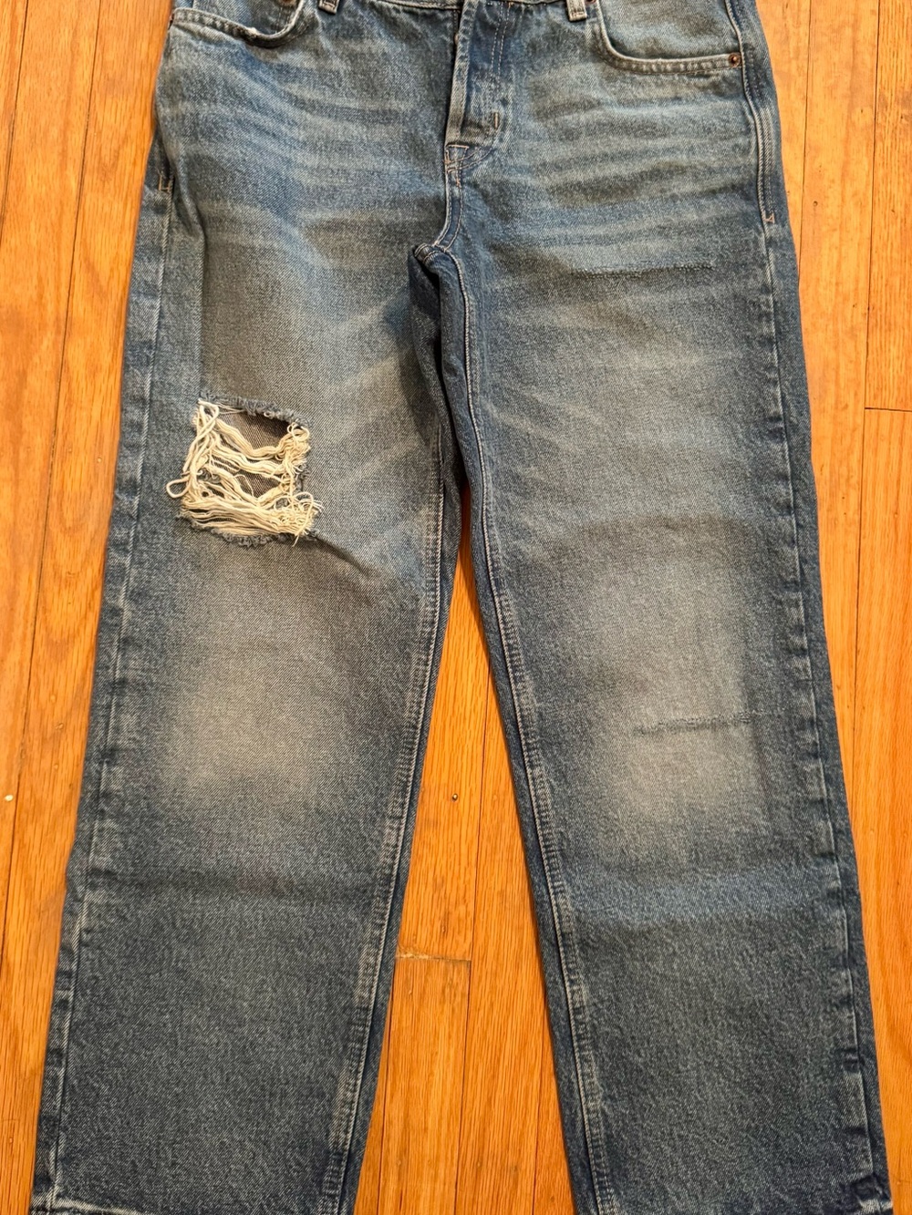 We The Free Blue Distressed Straight-Leg Jeans